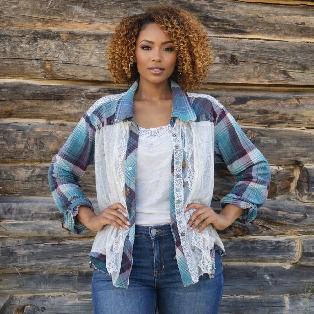 BKE Womens Burgundy and Teal Plaid Shirt Lace And Beading Details Western Look
